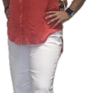 Covington Coral Blouse and White Pants (Bandolino) business casual. Size 10/L